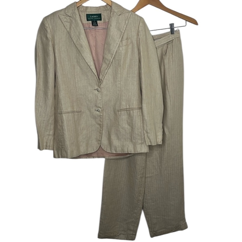 Lauren Ralph Lauren 2 Piece Tan Striped Linen Jacket Pant Suit Set Women Size 6